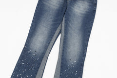 Blue Worn In Wash Ink Splash Flare Leg Denim