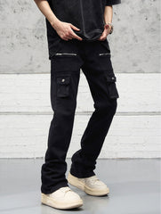 Black Multi-Pocket Rear Leg Zip Stacked Flare Leg Denim