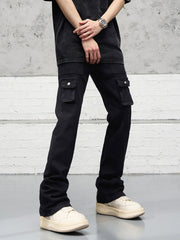 Black Multi-Pocket Rear Leg Zip Stacked Flare Leg Denim