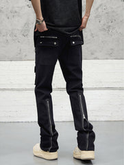 Black Multi-Pocket Rear Leg Zip Stacked Flare Leg Denim