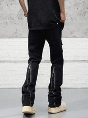 Black Multi-Pocket Rear Leg Zip Stacked Flare Leg Denim