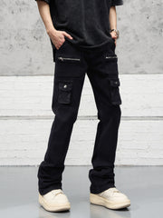 Black Multi-Pocket Rear Leg Zip Stacked Flare Leg Denim