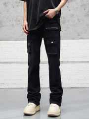 Black Multi-Pocket Rear Leg Zip Stacked Flare Leg Denim