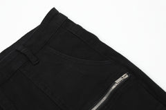 Black Multi-Pocket Rear Leg Zip Stacked Flare Leg Denim