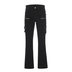 Black Multi-Pocket Rear Leg Zip Stacked Flare Leg Denim