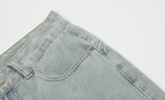 Light Blue Vintage Wash Diagonal Stitch Reinforced Seam Stacked Flare Leg Denim