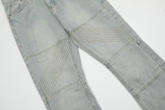 Light Blue Vintage Wash Diagonal Stitch Reinforced Seam Stacked Flare Leg Denim