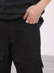 Black 3D Knee Gusset Cargo Wide Leg Twill Pants