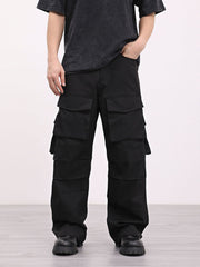 Black 3D Knee Gusset Cargo Wide Leg Twill Pants