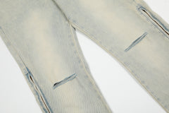 Light Blue Vintage Wash Slit Cut Mid Leg Zip Flare Leg Denim