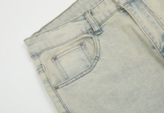 Light Blue Vintage Wash Slit Cut Mid Leg Zip Flare Leg Denim