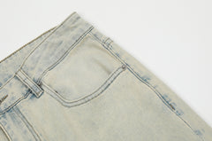 Light Blue Vintage Wash Slit Cut Mid Leg Zip Flare Leg Denim