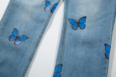 Light Blue Butterfly Print Slim Leg Denim