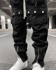 Black Dual 3D Tie Zip & Snap Cargo Twill Pants