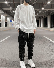 Black Dual 3D Tie Zip & Snap Cargo Twill Pants