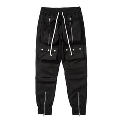 Black Dual 3D Tie Zip & Snap Cargo Twill Pants