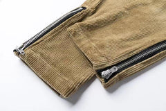 Khaki Zip Flare Leg Cargo Corduroy Pants