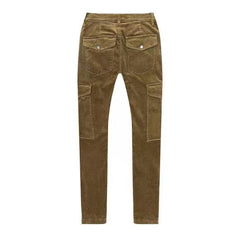 Khaki Zip Flare Leg Cargo Corduroy Pants