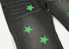 Black & Green Star Patch Stacked Flare Leg Denim