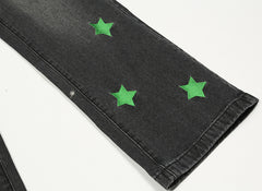 Black & Green Star Patch Stacked Flare Leg Denim