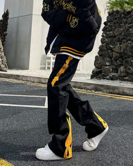Black Firestarter Patch & Embroidered Flames Flare Leg Pants