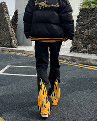Black Firestarter Patch & Embroidered Flames Flare Leg Pants