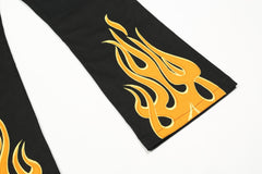 Black Firestarter Patch & Embroidered Flames Flare Leg Pants