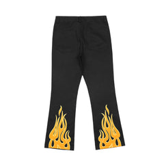 Black Firestarter Patch & Embroidered Flames Flare Leg Pants