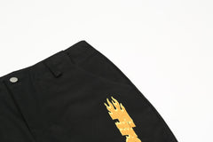 Black Firestarter Patch & Embroidered Flames Flare Leg Pants
