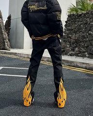 Black Firestarter Patch & Embroidered Flames Flare Leg Pants