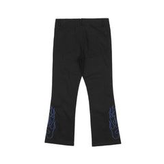 Black Quest Patch & Embroidered Flames Flare Leg Twill Pants