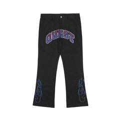 Black Quest Patch & Embroidered Flames Flare Leg Twill Pants