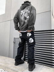 Black Batted Up Print Straight Leg Denim