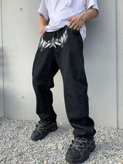 Black Batted Up Print Straight Leg Denim