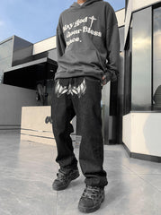 Black Batted Up Print Straight Leg Denim