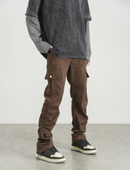 Brown Snap Pocket Ruched Side Tie Twill Pants