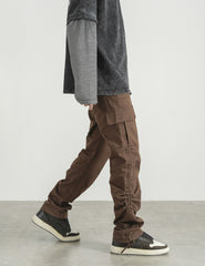Brown Snap Pocket Ruched Side Tie Twill Pants