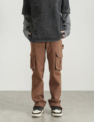 Brown 3D Cargo Pocket Strap & Snap Twill Pants