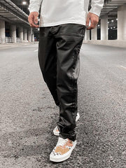 Black Leather Waxed Side Leg Zip Pocket Slim Leg Denim