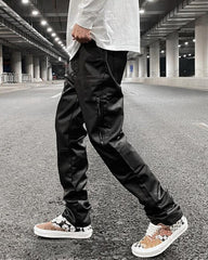 Black Leather Waxed Side Leg Zip Pocket Slim Leg Denim