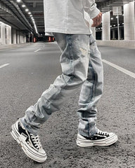 Blue Vintage Wash Distressed Stacked Straight Leg Denim