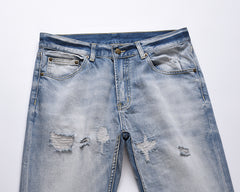 Blue Vintage Wash Distressed Stacked Straight Leg Denim