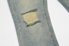 Blue Vintage Wash Ripped & Distressed Flare Leg Denim