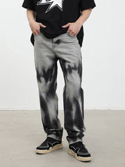 Grey & Black Tie-Dye Straight Leg Denim
