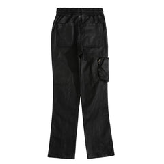 Black Waxed Zip Cargo Pocket Flare Leg Twill Pants