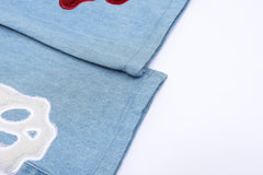 Light Blue Scull & Butterflies Towel Patch Straight Leg Denim