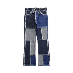 Blue Loose Thread Patch Work Stacked Flare Leg Denim