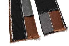 Brown, Black & Grey Loose Thread Patch Work Stacked Flare Leg Denim