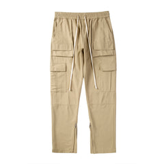 Khaki Dual Flap Cargo Pocket & Zip Flare Leg Twill Pants
