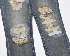 Blue Vintage Wash Raw Stitch & Loose Thread Straight Leg Denim